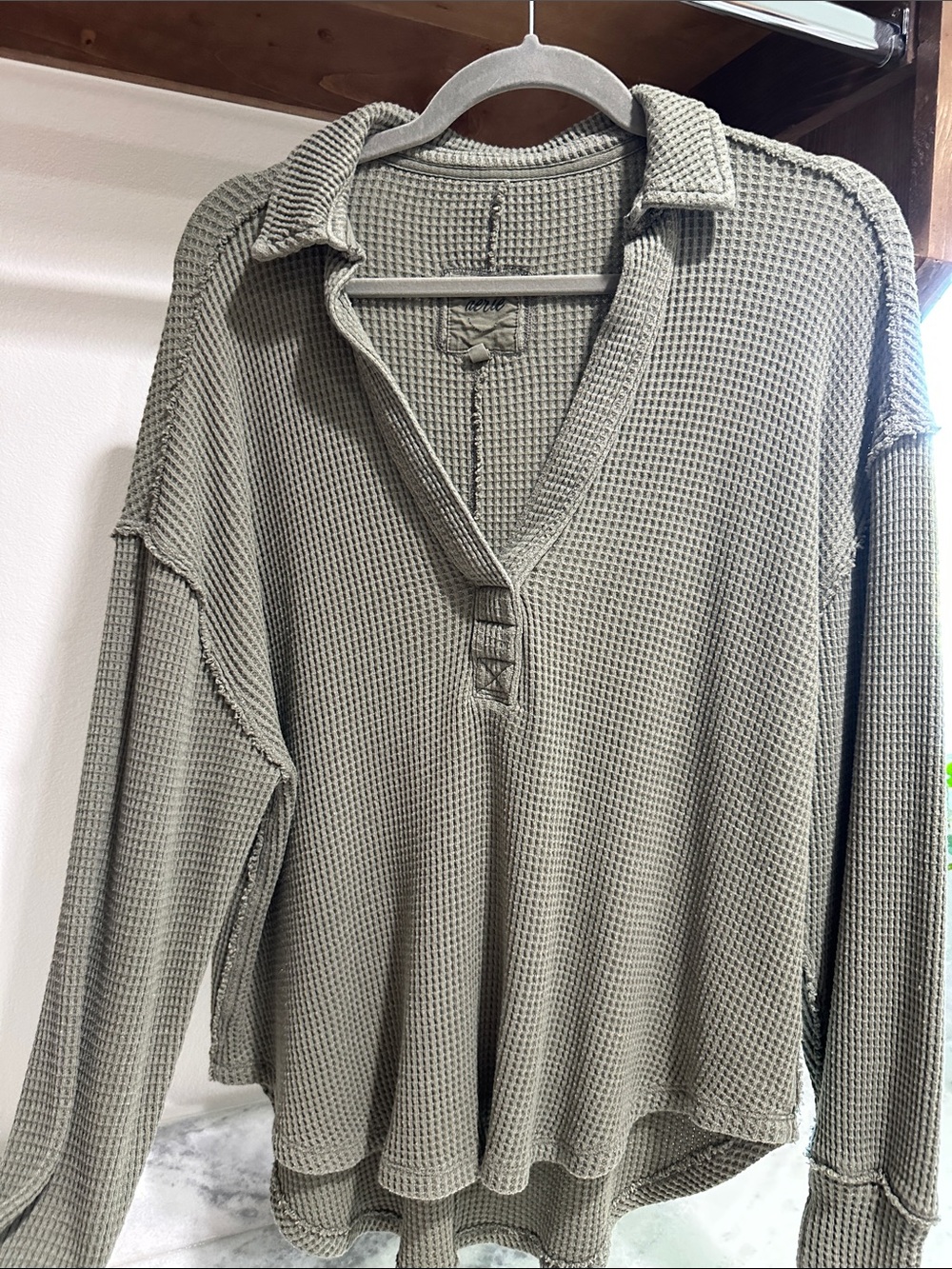 aerie Sage Waffle-Knit Long Sleeve Popover